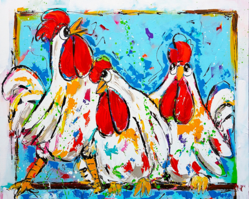 Fröhliche Malerei - Drei Hühner, 40x50cm / Mit Rahmen von Fröhliche Malerei