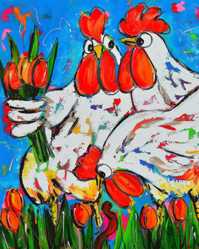 Fröhliche Malerei - Hühner, 40x50cm / Mit Rahmen von Fröhliche Malerei