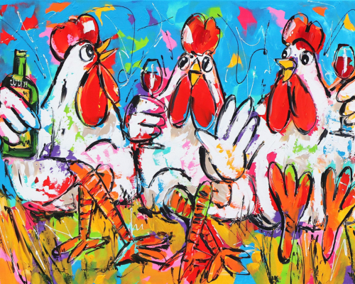 Fröhliche Malerei - Hühner mit Wein, 40x50cm / Mit Rahmen von Fröhliche Malerei