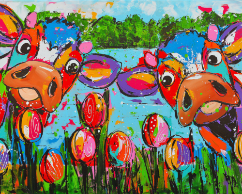 Fröhliche Malerei - Kühe mit Tulpen, 40x50cm / Mit Rahmen von Fröhliche Malerei