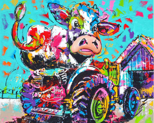 Fröhliche Malerei - Kuh auf Traktor, 40x50cm / Mit Rahmen von Fröhliche Malerei