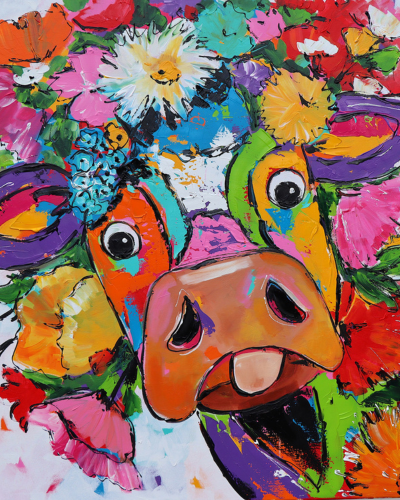 Fröhliche Malerei - Kuh mit Blumen, 40x50cm / Mit Rahmen von Fröhliche Malerei