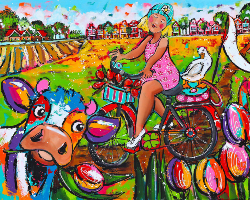 Fröhliche Malerei - Kuh und Radfahrer, 40x50cm / Mit Rahmen von Fröhliche Malerei