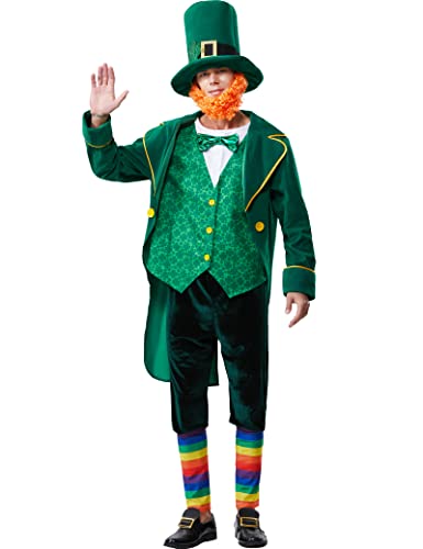 Frojuly Kobold-Kostüm für Herren, St. Patricks Day, Erwachsene, grün, Glücksbringer, Outfit, 5 Stück, irische Jacke, Anzug für Halloween-Party, 2XL, 3XL von Frojuly