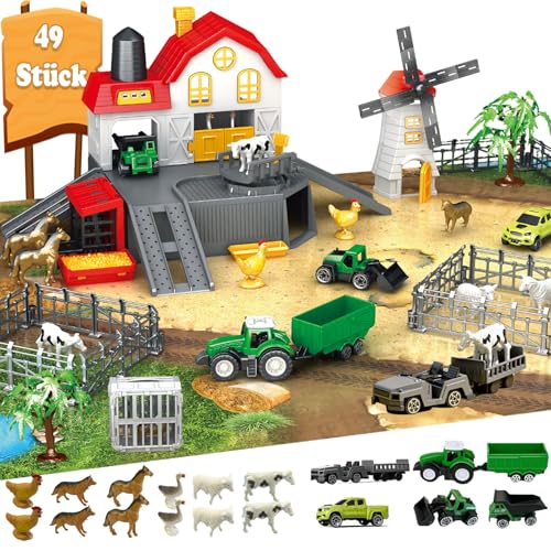 Frontoytall Bauernhof Spielzeug Set ab 3 Jahre – 49-teiliges Bauernhoftiere Spielset mit Scheune, Traktor, Lastwagen, Zäunen & strapazierfähiger Spielmatte – Lernspielzeug für Kinder von Frontoytall