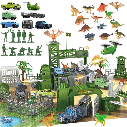 Militär Dinosaurier Schlacht Spielset, 56 Stück Armee Spielzeug Set Soldaten Figuren Militärfahrzeuge (Hubschrauber, Je-ep, Trucks), Kanone, Zelte & Kampfmatte, Pädagogisches STEM Spielzeug für Jungen von Frontoytall