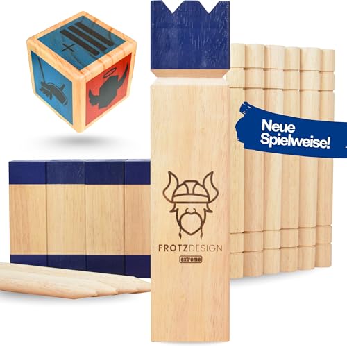 FrotzDesign® Kubb Extreme - Das Neue Königsblaue Premium Wikingerspiel | Hochwertig Robust - Original Outdoor Spielzeug aus Holz | Jetzt mit Würfel Outdoor Spiele für Kinder Gartenspielzeug Kinder von FrotzDesign