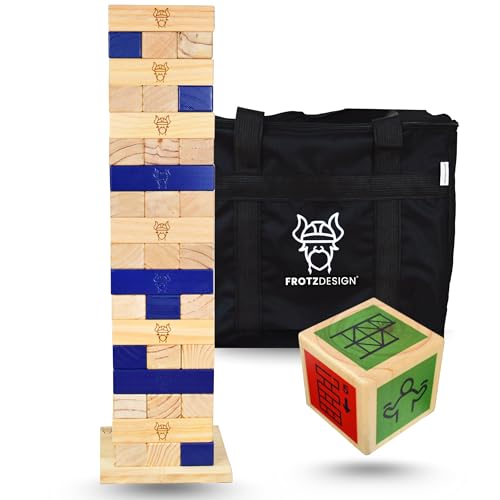 FrotzDesign Wackelturm Extreme | Neues XXL Riesen- Stapelturmspiel mit Würfel & Tasche 81-150cm hoch – Outdoor Spielzeug für Garten | Outdoor Spiele für Kinder Gesellschaftsspiele Stapelsteine von FrotzDesign