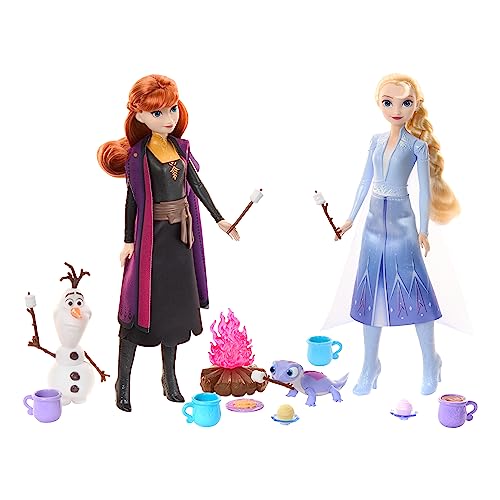 Disney Frozen Die Eiskönigin Waldabenteuer-Geschenkset - 2 Puppen, 2 Freundefiguren, 12 Zubehörteile rund ums Thema Camping, für Kinder ab 3 Jahren, HPD52 von Mattel