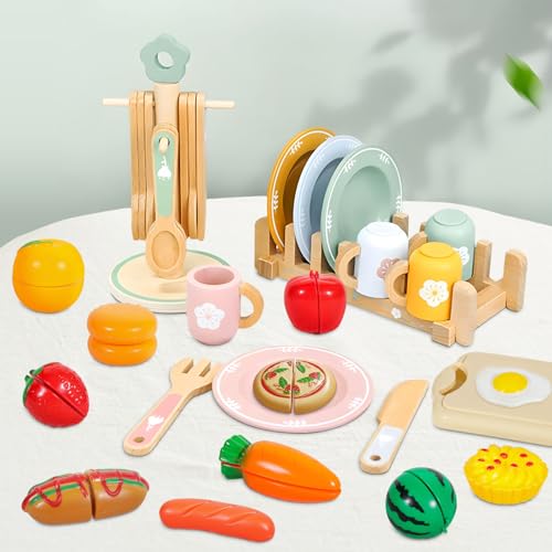 Frstem Kinderküche Zubehör, Matschküche Spielküche Zubehör | 34-TLG. päd. Set aus Holz/Kunststoff mit abgerund. Kanten, Pastellfarben & mobiler Box. Tischmanieren & Sozialkompetenz durch Rollenspiel. von Frstem