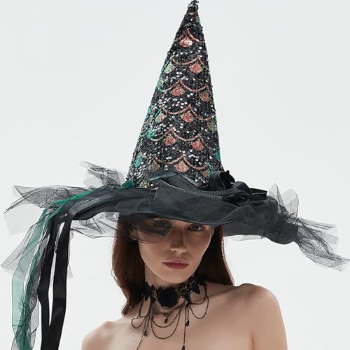 Halloween Hexenhut, Hexenhüte mit handgenähten Pailletten, Rose & Feder, Hexenhut für Erwachsene, Halloween Hut für Party Halloween Hexenhut, Hexenhüte mit handgenähten Pailletten, Rose & Feder, Hexenhut für Erwachsene, Halloween Hut für Party von Fruasio