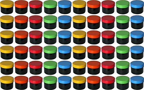 60 Salbendöschen, Creme-döschen, Salbenkruke flach schwarz, 35ml Inhalt mit farbigen Deckeln - Made IN Germany von Frühes Forschen
