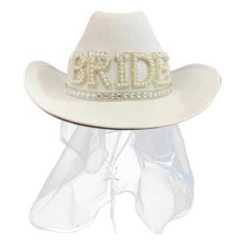 Fruusv Bridal Cowboy Hat, Rhinestone White Cowgirl Hat for Wedding Parties Shower, Western Bride Cap for Bachelorette Party, Dress-Up, Stylist Design, 40x33x14cm, 120g von Fruusv