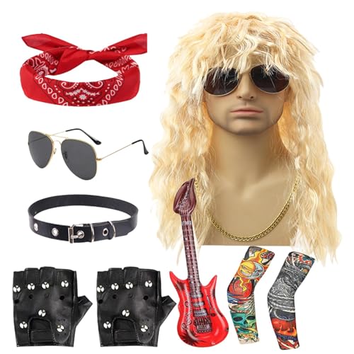 Fruusv Herren Rocker Kostüm - Herren Rocker Heavy Metal Kostüm, Männer Hippie Perücke mit Bandana Sonnenbrille 70er 80er Rocker Perücken Männer Kostüm Set für Rollenspiel Karneval von Fruusv