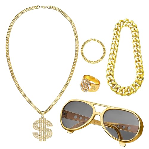 Fruusv Hip Hop Costume Kit, 5 80s/90s Rapper Dress Accessories Set, Fake Gold Chain, Necklace, Bracelet, Punk Sunglasses, Dollar Sign Ring, Retro Party Outfit for Men and Women, 150g von Fruusv