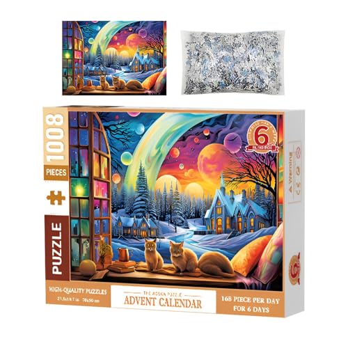 Fruusv Weihnachts-Adventskalender-Puzzle, 3 Katzen, 6- -Countdown-Weihnachtspuzzle, buntes Cottage-Puzzle für Erwachsene, anspruchsvoll, 70 x 50 cm von Fruusv
