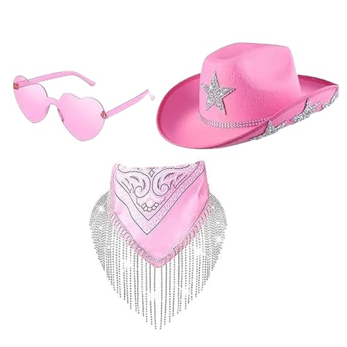Glitzer Cowboyhut und Bandana Set, Western Filzhut mit Bling, Strass Stern Cowboyhut | Filz Westernhut und Bling Fransen Cowboyhut für Damen und Herren - Sparkly Kostüm Accessoires von Fruusv