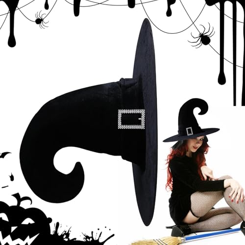 Halloween Hexenhut, Samt Hexen Kostüm Hut, Schwarz Spitzer Hexenhut, Silber Schnalle Hexenhut, Halloween Hut für Frauen, Halloween Party Hexenhut, Samt Spitzhut Kostüm, Hexenhut für Mädchen von Fruusv
