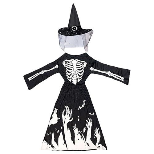 Hexenkostüm für Kinder, Halloween-Kostüm-Set, Hexenhut-Kostüm, Gothic-Hexenkleid, Halloween-Hexenkostüm mit Hexenhut, Halloween-Gothic-Schädel-Hexe, Verkleidung für Kostümversammlungen, Schultanz von Fruusv