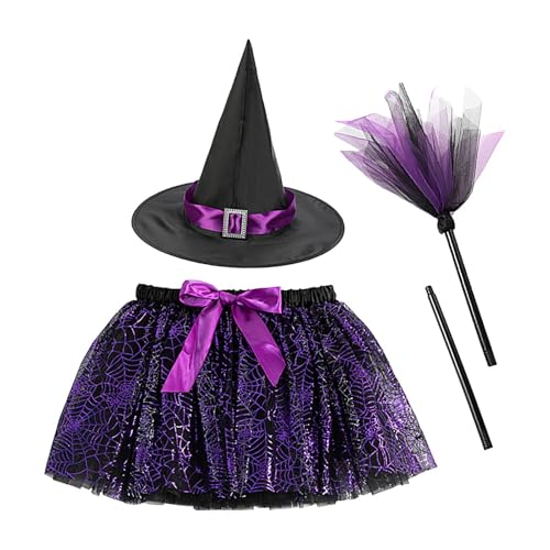 Hexenkostüm für Mädchen, Halloween-Rock-Set, Tüll-Tanzrock, Spinnennetz-Hexen-Outfit, Kinderrock, 3er-Set, violettes Spinnennetz-Hexenrock mit Futter, Tüll-Tanzrock, Hut, Besen für Kinder von Fruusv