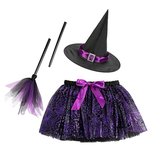 Hexenkostüm für Mädchen, Halloween-Rock-Set, Tüll-Tanzrock, Spinnennetz-Hexen-Outfit, Kinderrock, 3er-Set, violettes Spinnennetz-Hexenrock mit Futter, Tüll-Tanzrock, Hut, Besen für Kinder von Fruusv