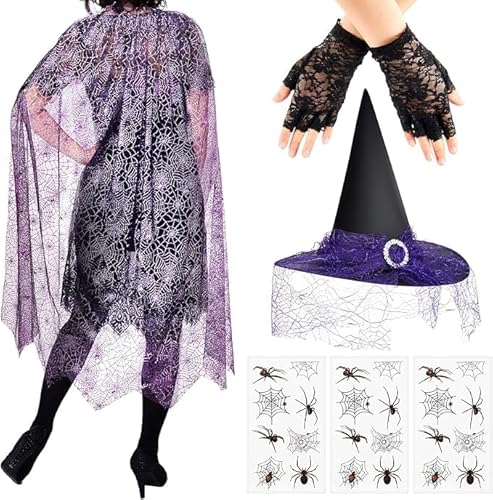 Fsahiuf Halloween Hexen Kostüm Set Hexenhut Spitzenhandschuhe Spinnen Tattoo Halloween,Karnevals,Faschingspartys,Cosplay,Fashion-Shows von Fsahiuf