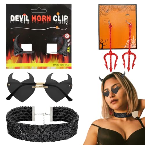 Fscwlmon 5 Stück Teufelshörner Zubehör-Set Teufelshorn Haarspangen Herz Brille Glitzer Pitchgabel Ohrringe Pailletten Choker Halskette für Frauen Halloween Cosplay Geschenk Schwarz Fscwlmon 5 Stück Teufelshörner Zubehör-Set Teufelshorn Haarspangen Herz Brille Glitzer Pitchgabel Ohrringe Pailletten Choker Halskette für Frauen Halloween Cosplay Geschenk Schwarz von Fscwlmon