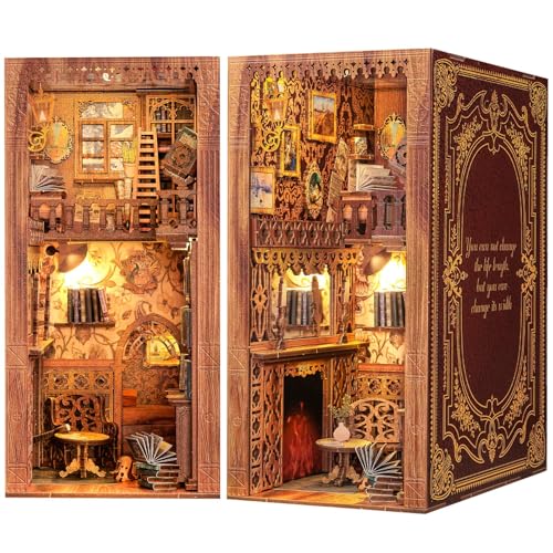 Fsolis DIY Book Nook,Puppenhaus Miniatur Haus Kit mit Holz Möbeln und LED-Licht,3D Puzzle Bücherecke Bücherregaleinsatz Kits,Book Nook Modellbausätze für Erwachsene zum Bauen,Kreatives Geschenk von Fsolis