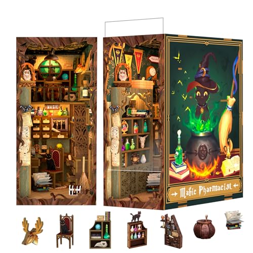 Fsolis Book Nook - Miniatur Zauberbibliothek mit Holzmodellen & LED-Beleuchtung, Puppenhaus DIY-Kit, Bücherregal Dekoration für Erwachsene Fantasy und Zauberer Liebhaber von Fsolis