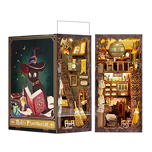 Fsolis BOOK NOOK KIT, Magic Pharmacist Puppenhäuser DIY Miniatur Haus Kit mit LED Leuchten und Einsteckbar Staubschutzplatte,3D Puzzle Buchstützen aus Holz, Kreative Geschenke für Jungen und Mädchen von Fsolis