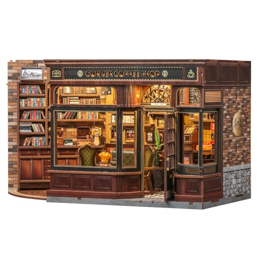 Fsolis Book Nook Kit – DIY Miniaturhaus-Set für Erwachsene, kleines Haus, Mini-Heimbauset, Bücherregal-Dekoration, 3D-Holzpuzzle, Bastelset, Geschenke für Buchliebhaber (Eckkaffeeshop) von Fsolis