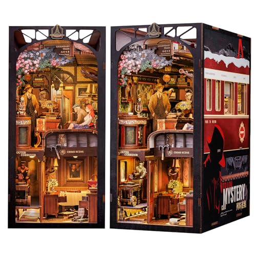 Fsolis DIY Book Nook,Kit Puppenhaus Miniatur Haus Kit mit LED Leuchten und Einsteckbar Staubschutzplatte,3D Puzzle/Modell,die Bücherecke Buchstützen aus Holz(Train Mystery Case) von Fsolis