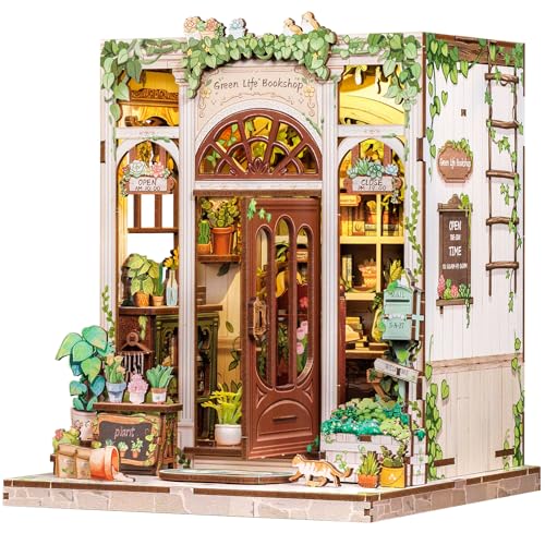 Fsolis DIY Book Nook Kit mit LED- Beleuchtung 3D Holz Miniaturhaus Bausatz, Personalisierte Regal- Deko Bastelset für Erwachsene & Heranwachsende, Miniatur Haus Bausatz(Green Life Bookshop) von Fsolis