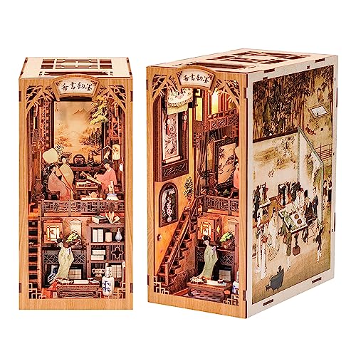 Fsolis DIY Book Nook Kit mit Staubschutz,DIY Puppenhäuser Miniatur Haus Kit mit Möbeln und LED-Licht,3D Puzzle Buchstützen aus Holz,Book Nook Kreative Geschenke für Jungen und Mädchen von Fsolis