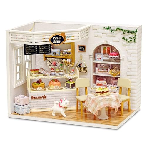 Fsolis DIY Puppenhaus-Miniatur-Kit mit Möbeln, 3D-Holz-Miniaturhaus mit Staubschutz und Musikbewegung, Miniatur-Puppenhaus-Kit(Cake Diary) von Fsolis