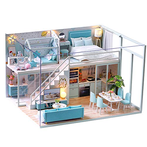 Fsolis DIY Puppenhaus-Miniatur-Kit mit Möbeln, 3D-Holz-Miniaturhaus mit Staubschutz und Musikbewegung, Miniatur-Puppenhaus-Kit(Poetic Life) von Fsolis