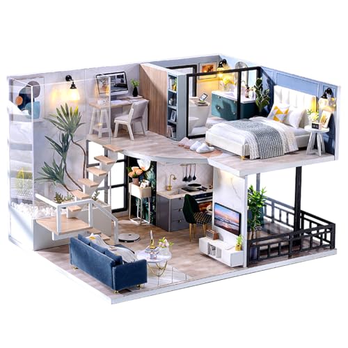 Fsolis DIY Puppenhaus Miniatur Kit mit Möbeln, Miniatur Puppenhaus Kit Holzpuzzle Modernes Haus beleuchtet Miniatur Kit Dekoration und Geschenk für Erwachsene (Weiß) von Fsolis