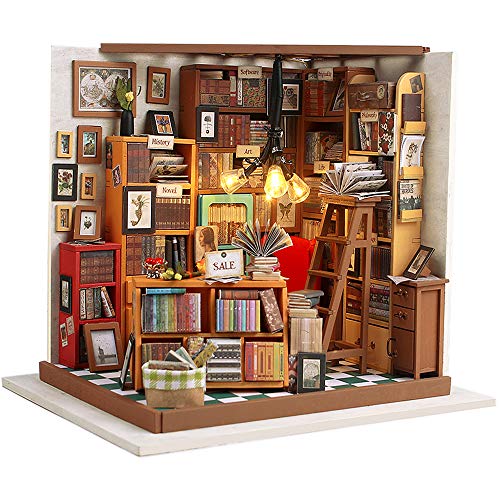 Fsolis DIY Puppenhaus-Miniatur-Set mit Möbeln, Buchhandlung, Puppenhaus, 3D-Holz-Miniatur-Haus, Bibliothek, Miniatur-Puppenhaus-Kit 1:24 (Sam's Study) von Fsolis
