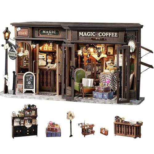 Fsolis DIY Puppenhaus aus Holz, Maßstab 1:24, Puppenhaus-Miniatur mit Möbeln und Staubschutz, handgefertigtes Handwerk, Miniatur-Puppenhaus-Set für Teenager und Erwachsene (Vintage Coffee Shop) von Fsolis
