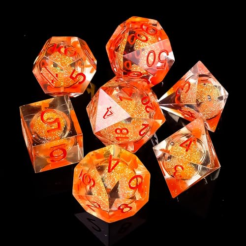DND-Würfel-Set mit flüssigem Kern, handgefertigt, scharfe Kanten, für Dungeons and Dragons, TTRPG-Spiele, mehrseitiges RPG, polyedrisches Harz, scharfe Kanten, Würfel, Rollenspiele (Orange/Rot) von FugaCity
