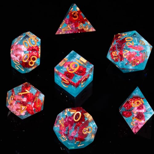 Fugacity DND-Würfel-Set, handgefertigt, scharfe Kanten, 7-teilig, Kunstharz, polyedrisches Würfel-Set, D&D-Würfel-Set mit Geschenkwürfeletui für RPG, MTG-Tischspiele (rote Blume und Blau) von FugaCity