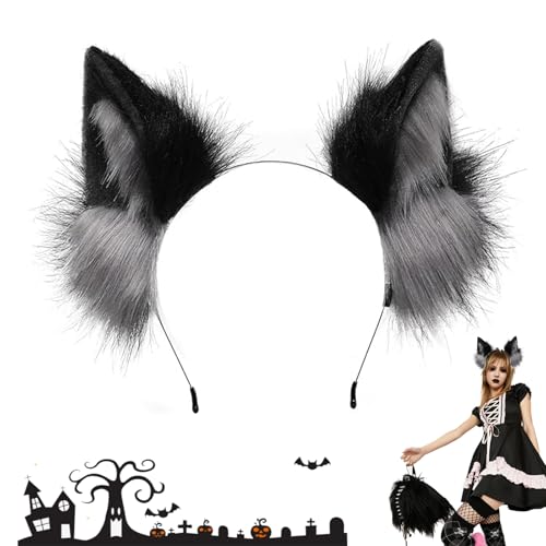 Handgefertigtes Katzenohren Haarreif Fell Fuchs Wolf Stirnband,Therian Ohren Kawaii Haarband für Halloween Party Cosplay Zubehör von Fuikupe