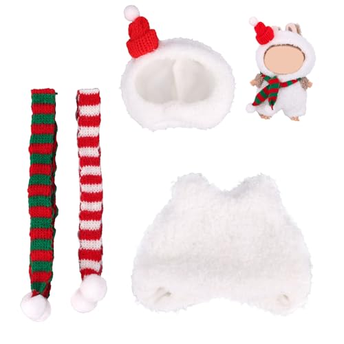 17cm Puppenkleidungsset, Weihnachtskleidung für 17cm Puppen Inklusive Weihnachtsmannmütze Schneemann Overall Rot Grün Gestreiftem Schal Plüschtier Outfit Accessoires zum Anziehen (Weiß) von Fukaisu
