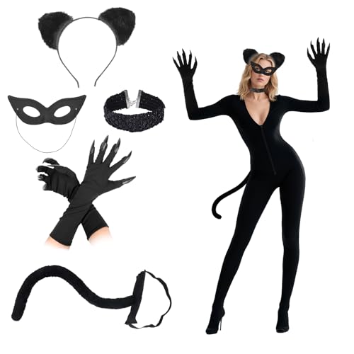 Fukaisu 5stk Katzenfrauen Kostüm Outfit, Halloween Kostümzubehör mit Schwarzer Katzenmaske Ohren Schwanz Handschuhen und Halskette für Cosplay für Erwachsene Maskenparty von Fukaisu