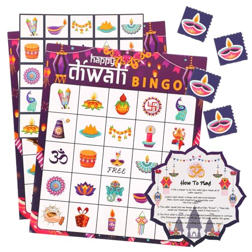 Fukaisu Bingo-Karten für 24 Spieler, Bingo-Spielkarten für Kinder, Festival, Partyzubehör für Familie, Klassenzimmer, Aktivitäten im Urlaub, Basteln (Diwali) von Fukaisu