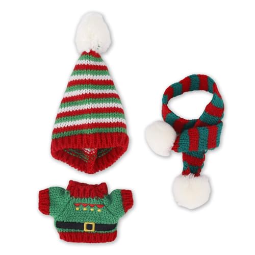 Puppen-Weihnachtskleidung, Gestrickte Mütze Pullover & Gestreifter Schal Festliche Outfit-Sets für 17cm/15cm Puppen Winter-Kostümzubehör (Rot-Grün Gestreift) von Fukaisu