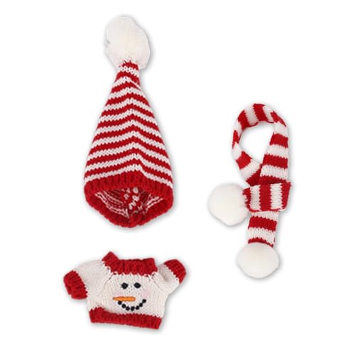 Puppen-Weihnachtskleidung, Gestrickte Mütze Pullover & Gestreifter Schal Festliche Outfit-Sets für 17cm/15cm Puppen Winter-Kostümzubehör (Rot-Weiß Gestreift) von Fukaisu
