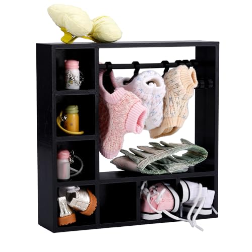 Puppenschrank & 10stk Kleiderbügel, Aufbewahrungsschrank für 15/17cm Große Puppenkleidung Ausstellungsschrank mit Kleiderstange (Schwarz) von Fukaisu