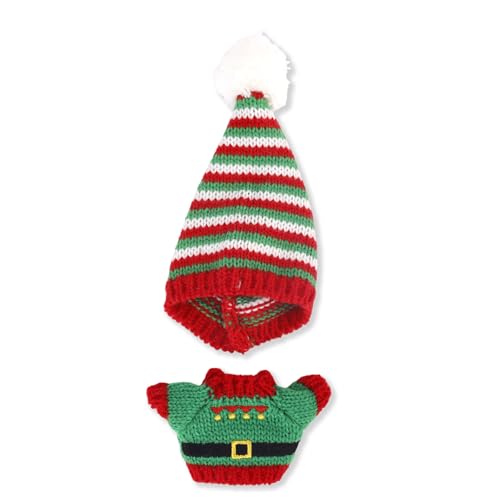 Weihnachts-Puppenkleidung-Set, Festliche Outfits für 17cm/15cm Puppen Gestrickte Mütze & Pullover Winter Plüsch-Kostümzubehör (Rot-Grün Gestreift) von Fukaisu