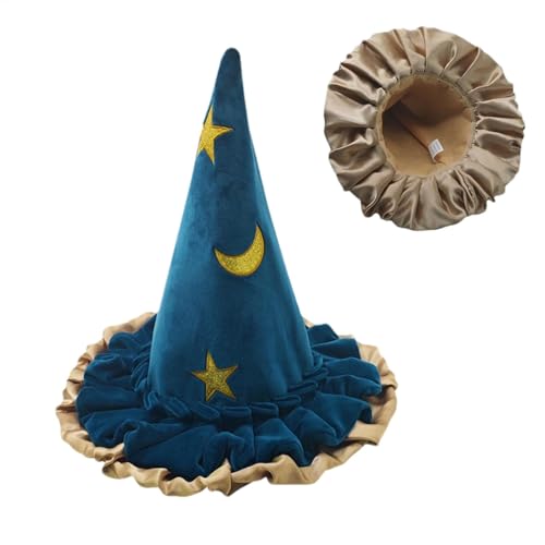 Fukamou Hexenhut,Hexenhut - Damen Mit Breiter Krempe | Modisches Blaues Stern-Mond-Muster Für -Damen, Halloween-Kostüm-Hexen-Accessoires, Erwachsener Zauberer-Cosplay-Partyhut Für von Fukamou